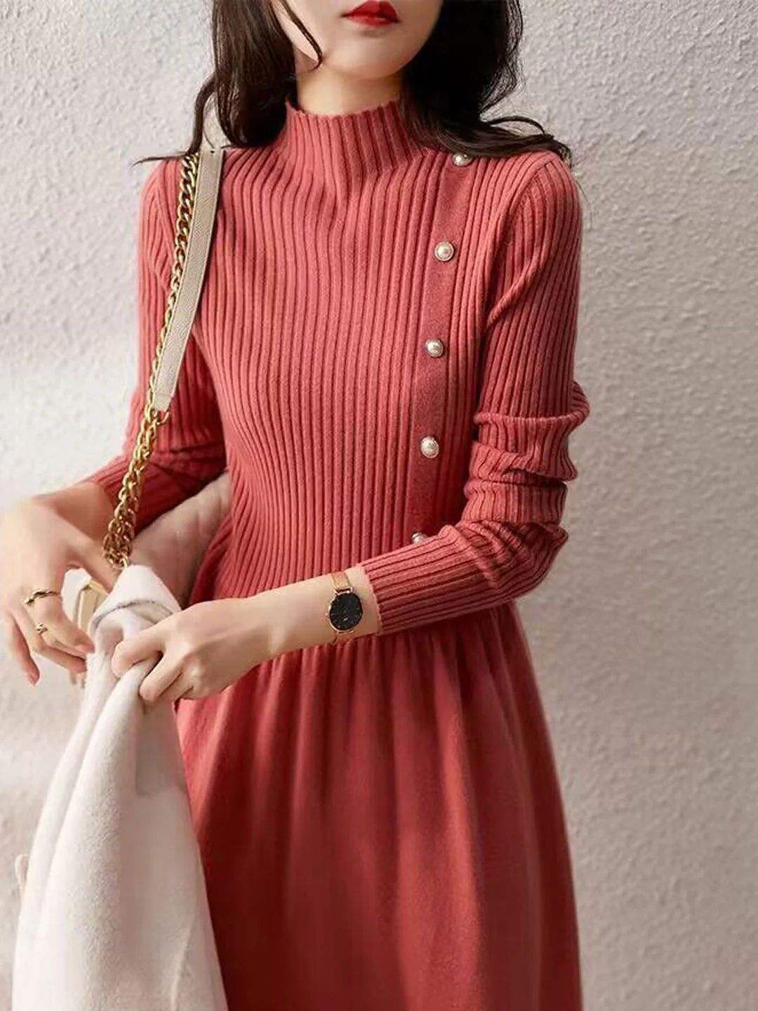 red long sleeve turtleneck sweater dress Turtleneck Solid Color Knitted Sweater Dress – New opened