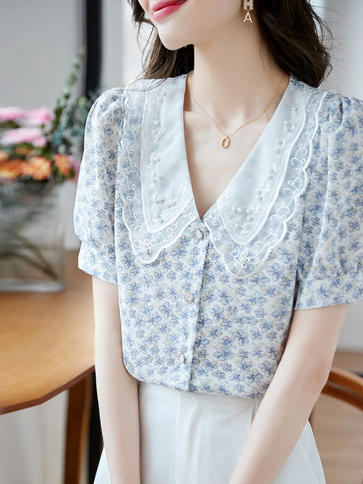 Classic Floral Printed Beaded Chiffon Shirt -Pink