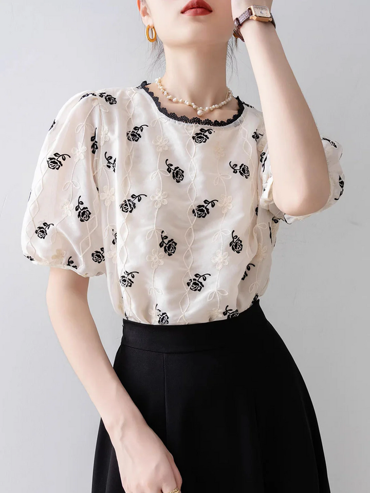 Vintage Puff Sleeve Embroidered Chiffon Top