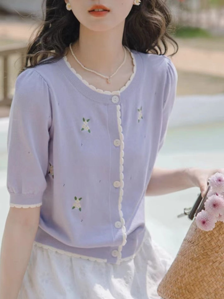 Contrast Color Crew Neck Embroidered Shirt