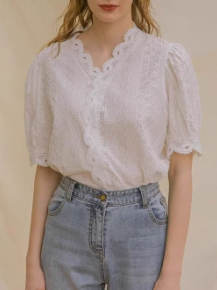 V-neck Lace Puff Sleeve Shirt