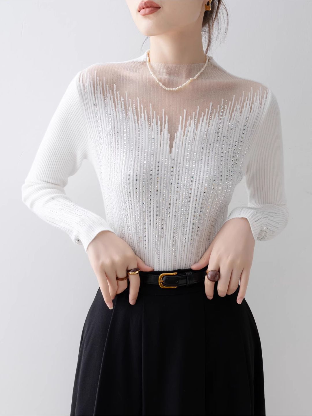 White Half Turtleneck Mesh Top