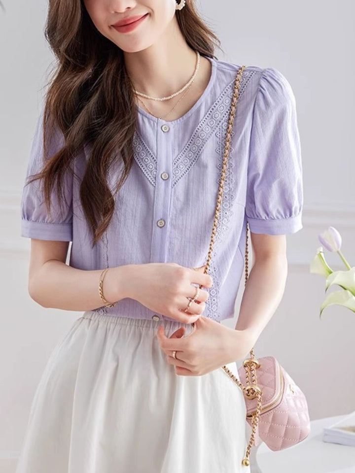 Elegant  Puff Sleeve Shirt - Purple
