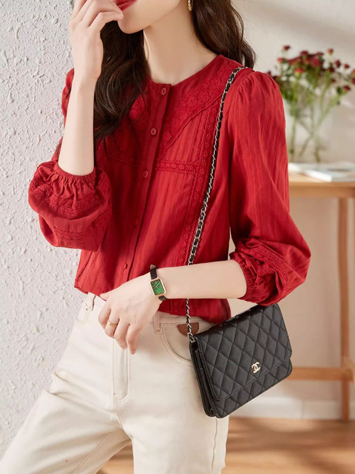 Versatile Lace Long Sleeve Shirt - Red