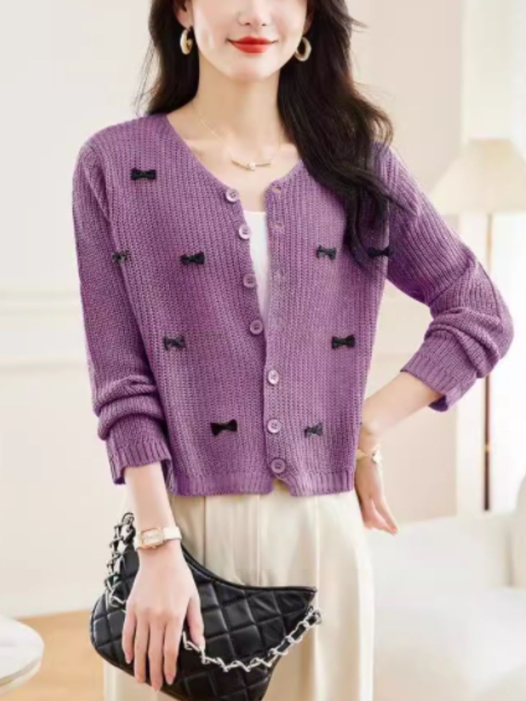 Classic Crew Neck Bow Knitted Top - Purple