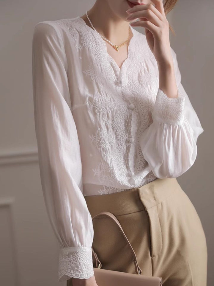 Embroidered lace V-neck Shirt Top