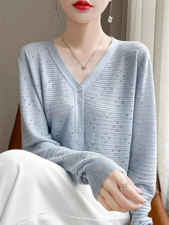 Long Sleeve V-Neck Top Hollow Knit Cardigan