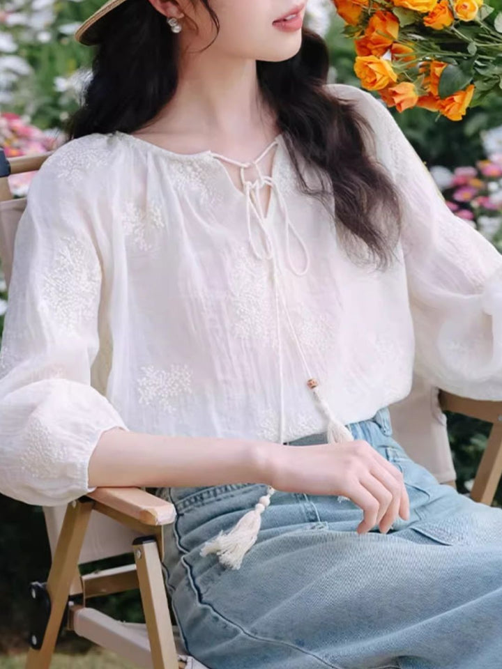 Embroidered Tassel Tie Top