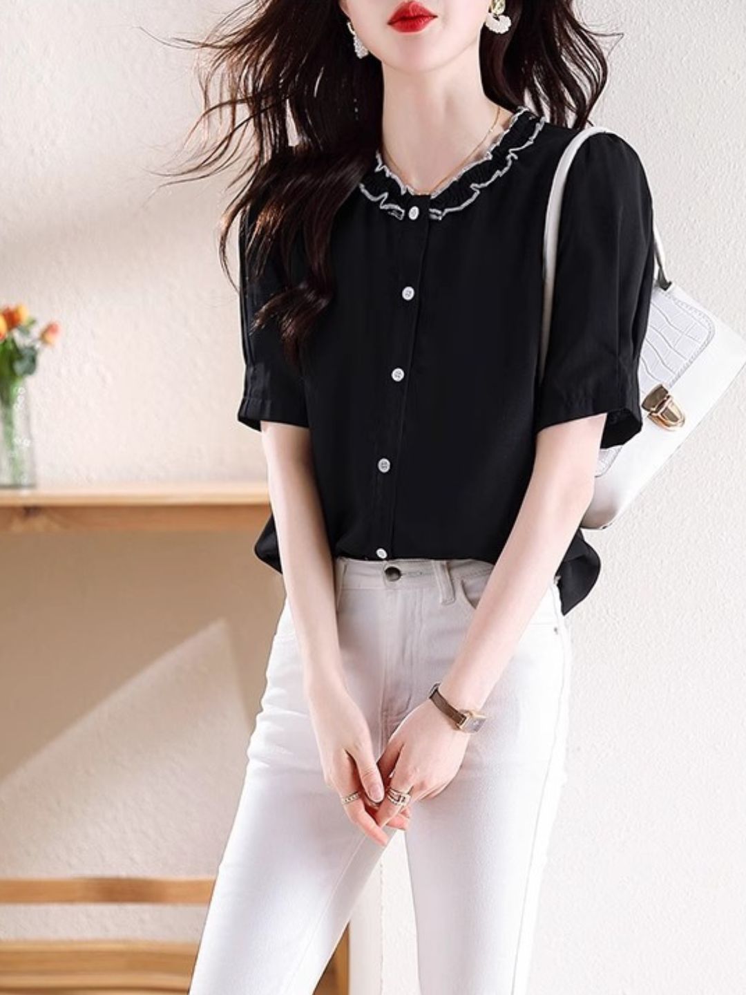 Versatile Chiffon Short-sleeved Shirt - Black