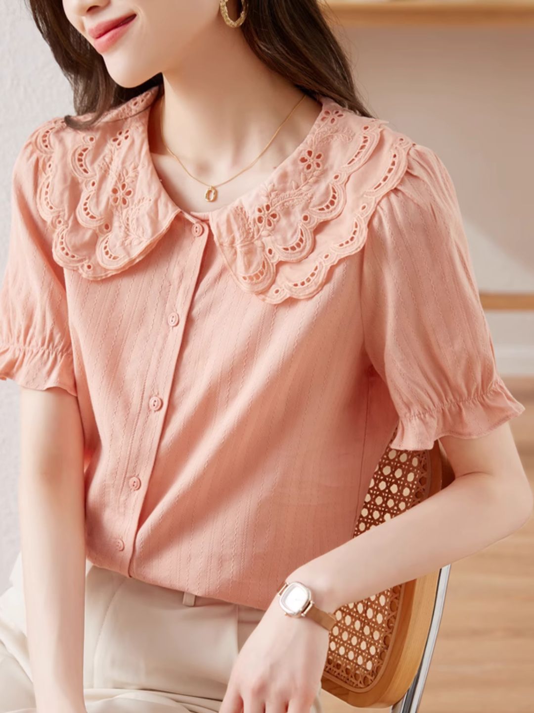 French Lace Double Collar Puff Sleeve Shirt