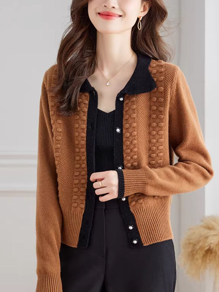 Retro Lapel Contrasting Knitted Cardigan
