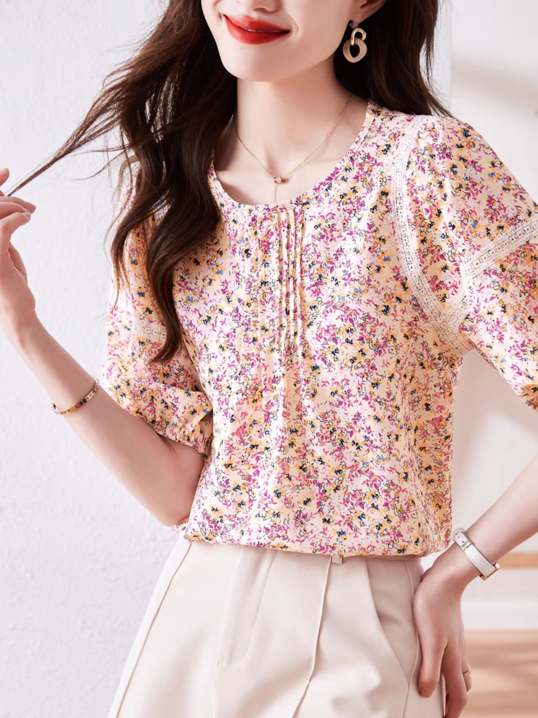 Round Neck Floral Puff Sleeve Chiffon Shirt - Green