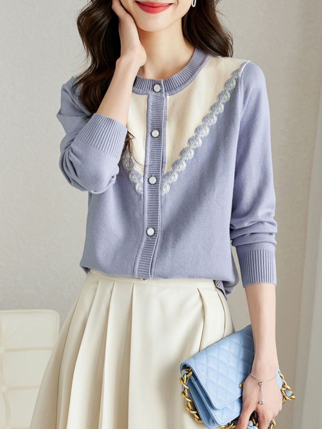 Contrast Color Cardigan - Blue