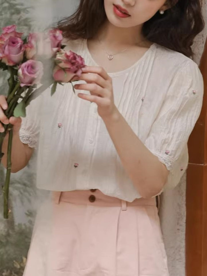 Round Neck Puff Short Sleeve Shirt