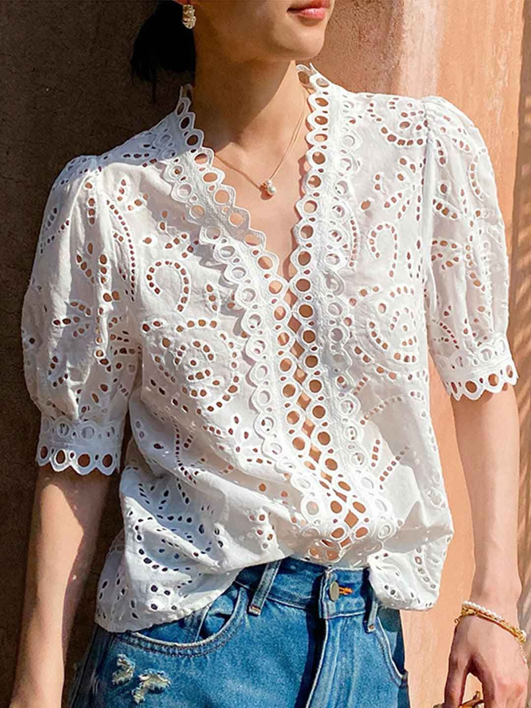 Classic V-neck Embroidered Top