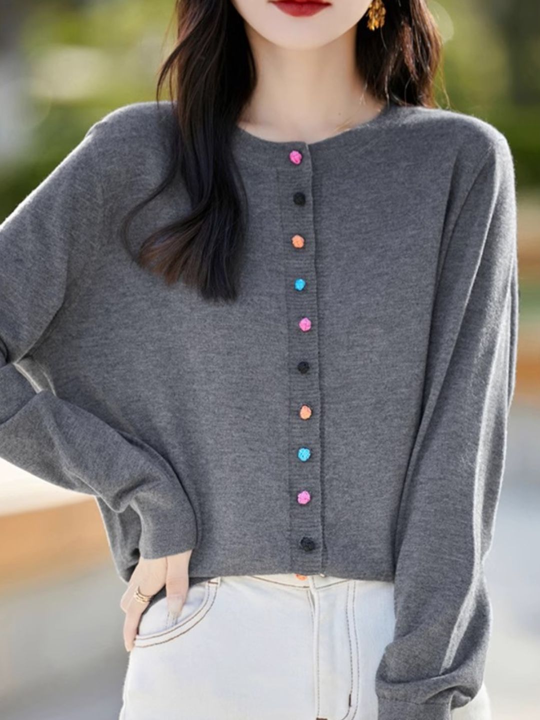 Classic Crew Neck Knit Cardigan -Grey