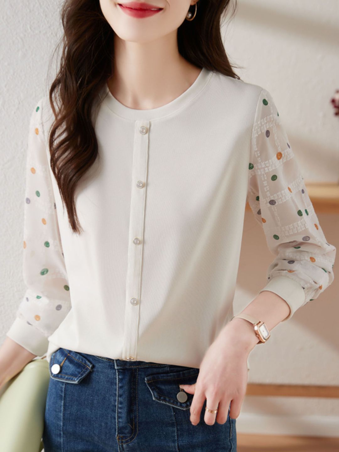 Polka Dot Long Sleeve Knit Top