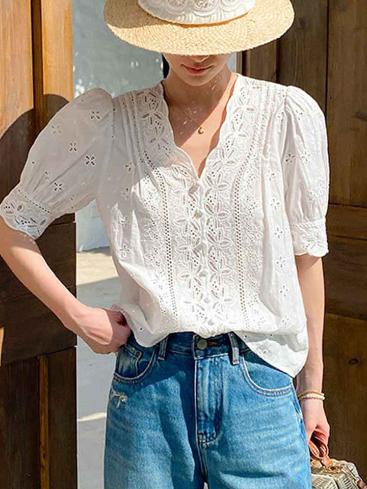Elegant V-Neck Puff Sleeve Embroidered Top