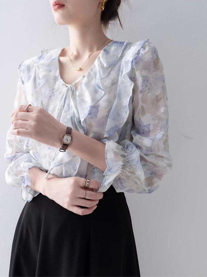 Elegant V-Neck Printed Chiffon Top