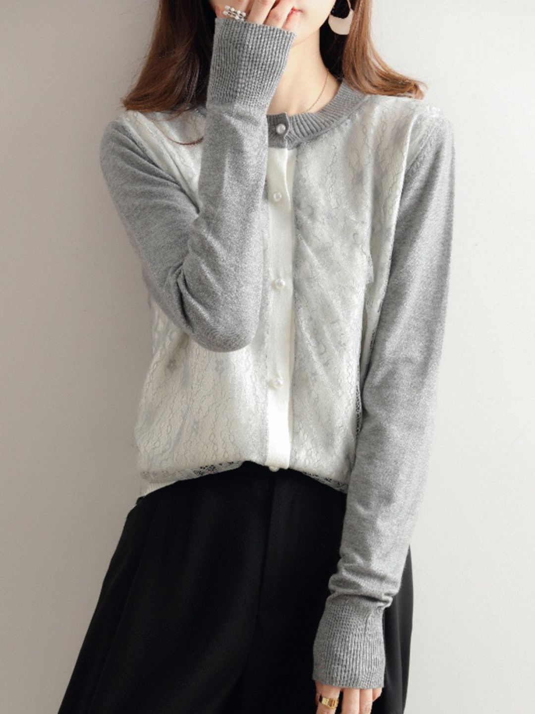 Crew Neck Lace Knit Sweater - Black