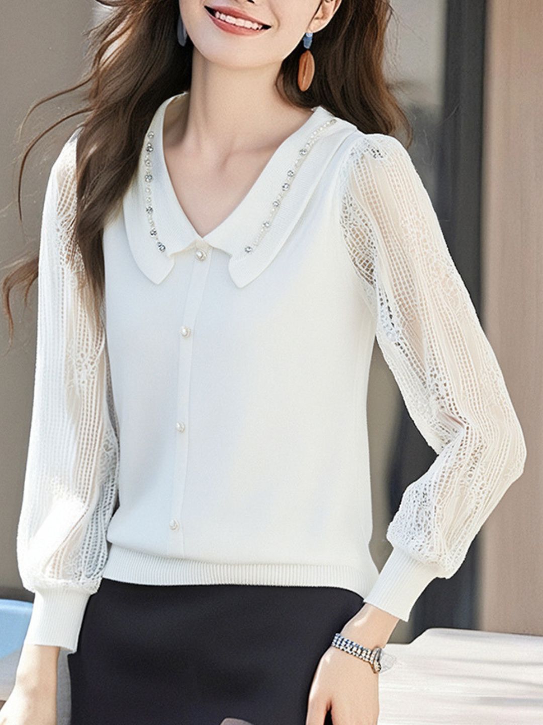 V-Neck Lace Sleeve Knitted Top