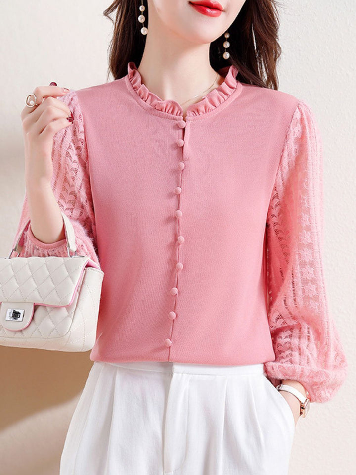 Elegant Lace Lantern Sleeve Top - Pink