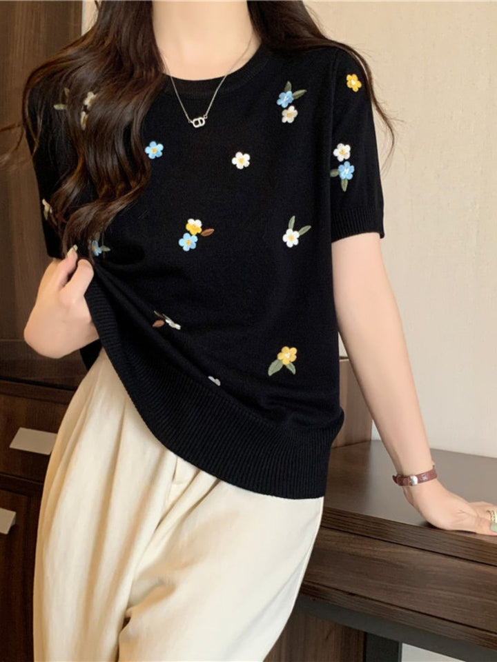 Crew Neck Embroidered Knitted Short Sleeves