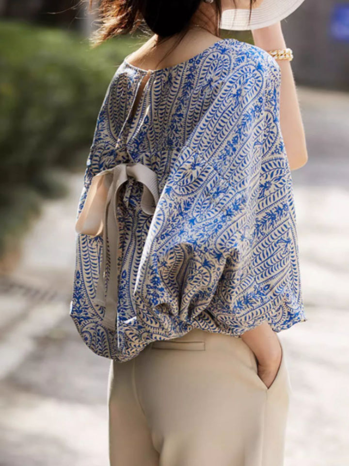 Casual Back Bow Printed Blouse - Red