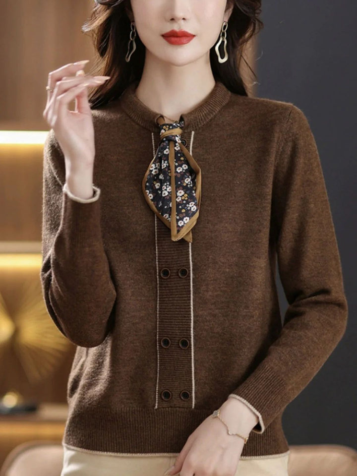 Classic Solid Color Bow Scarf Knitted Sweater