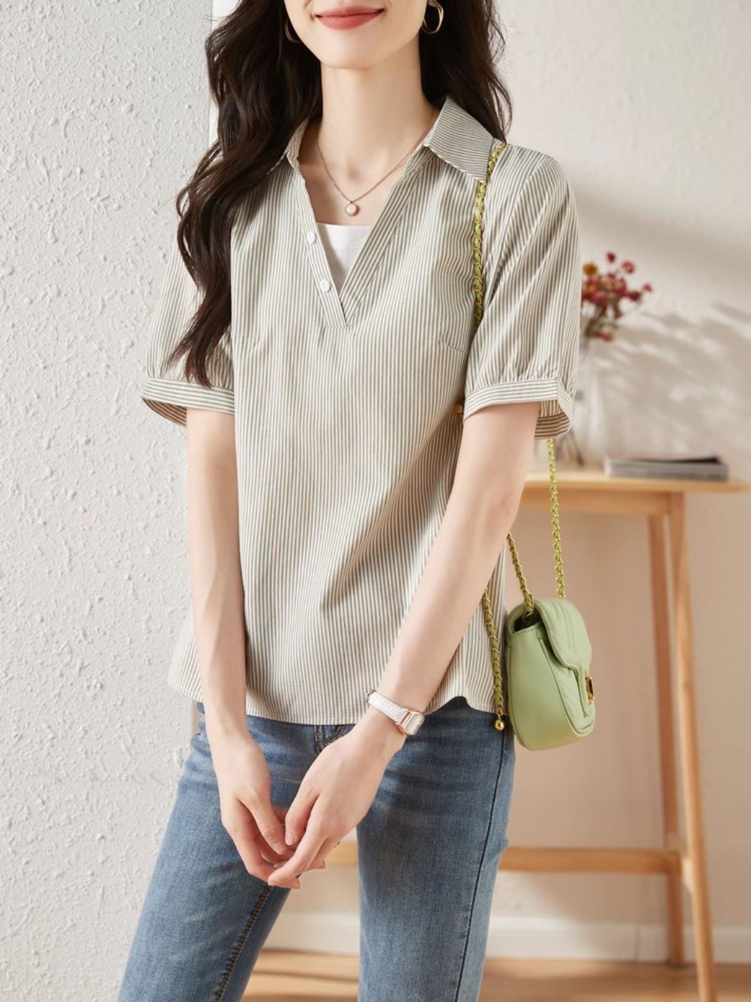 Striped Short-sleeved Lapel Shirt - Green