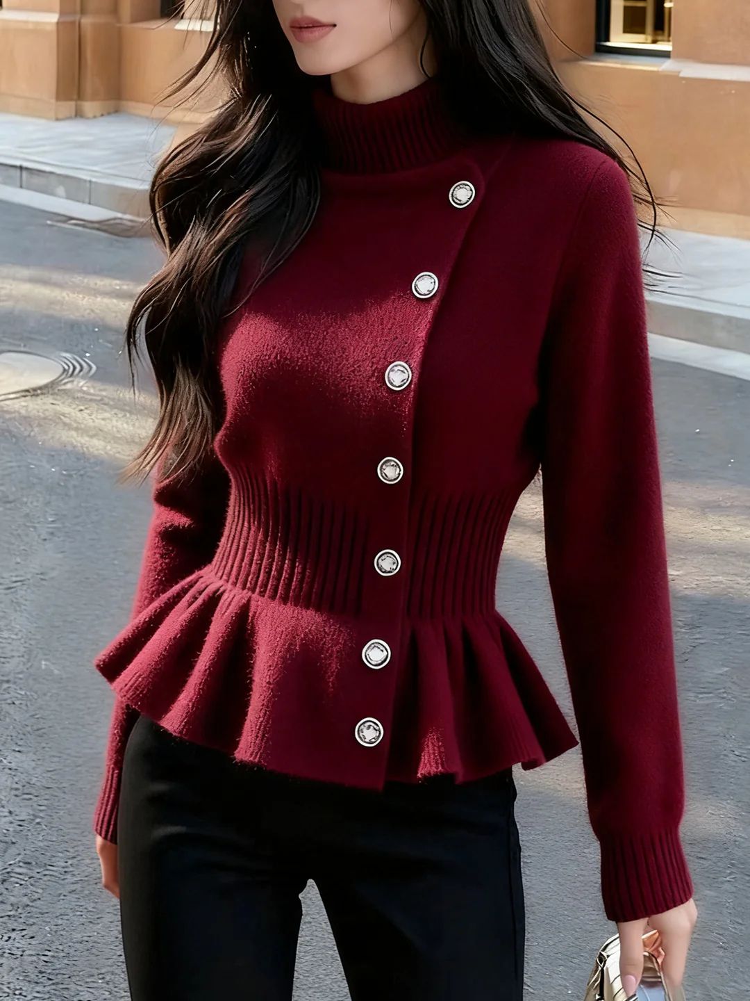 Slim Turtleneck Solid Color Pullover Knitted Top
