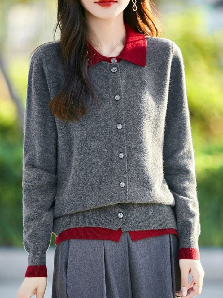 Casual Lapel Colorblock Knit Cardigan Set - Blue