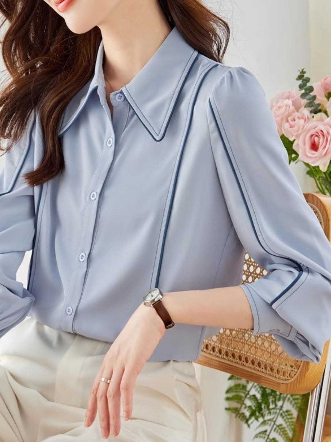 Blue Chiffon Long Sleeve Shirt