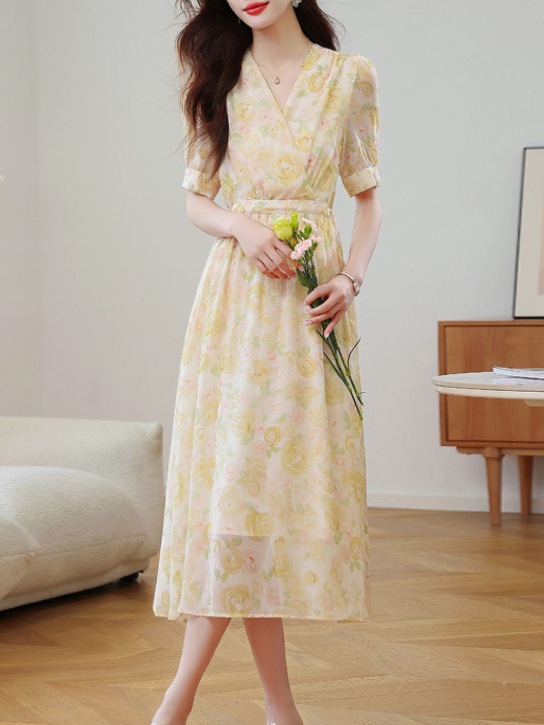 Elegant V-Neck Floral Dress