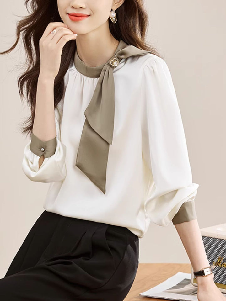 Gentle Colorblock Collar Bowknot Ribbon Top