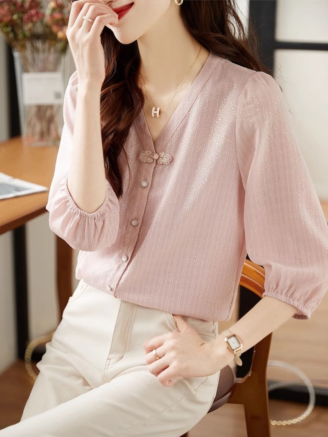 V-Neck Chiffon Shirt - Pink