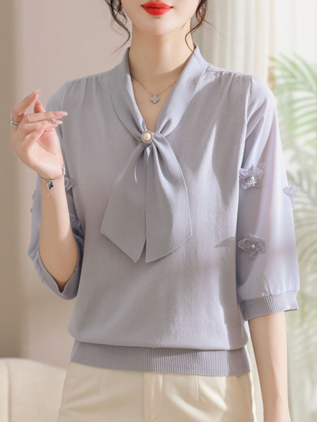 Ribbon Scarf Collar Gauze Sleeve Knitted Top