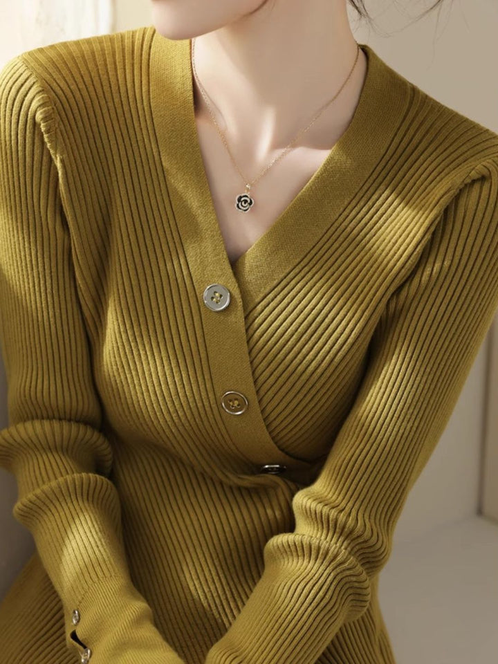 V-neck Cross Button Slit Sweater