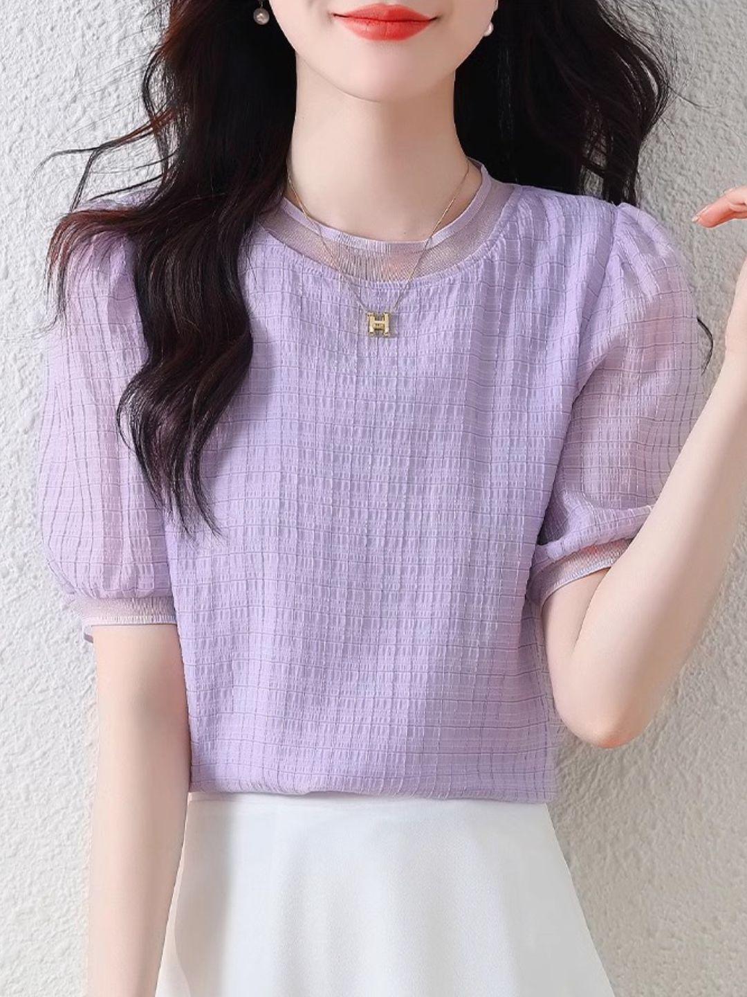 Round Neck Plaid Chiffon Shirt - Pink