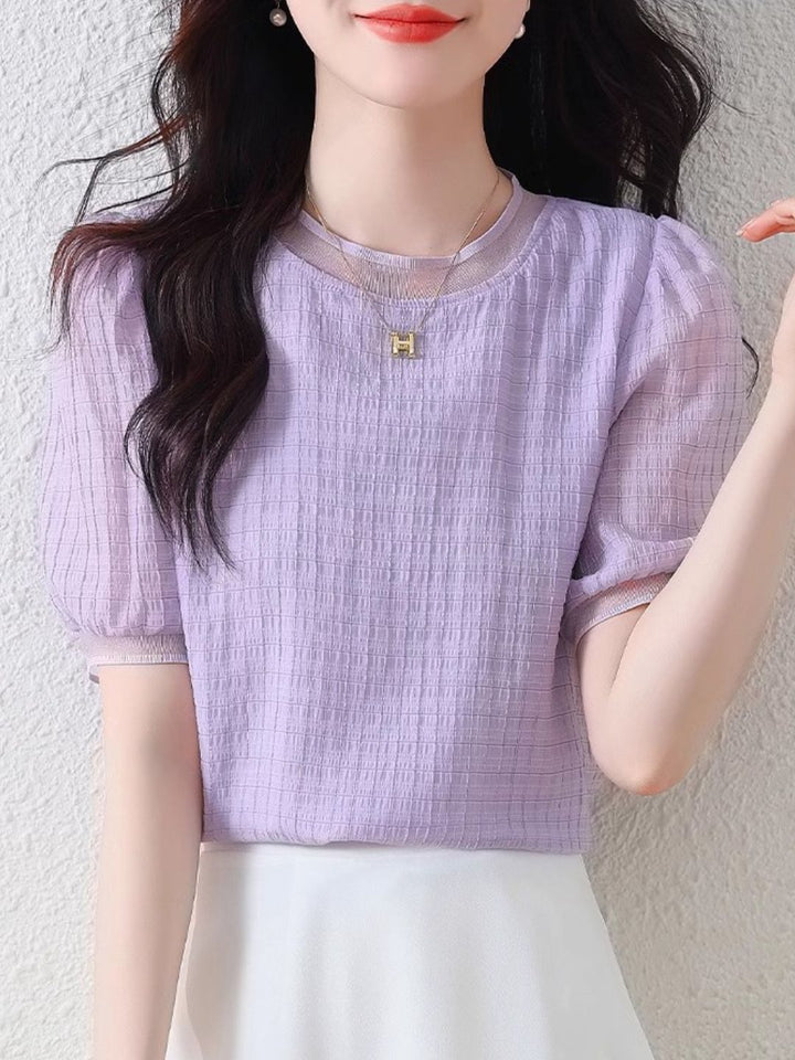 Round Neck Plaid Chiffon Shirt - Pink