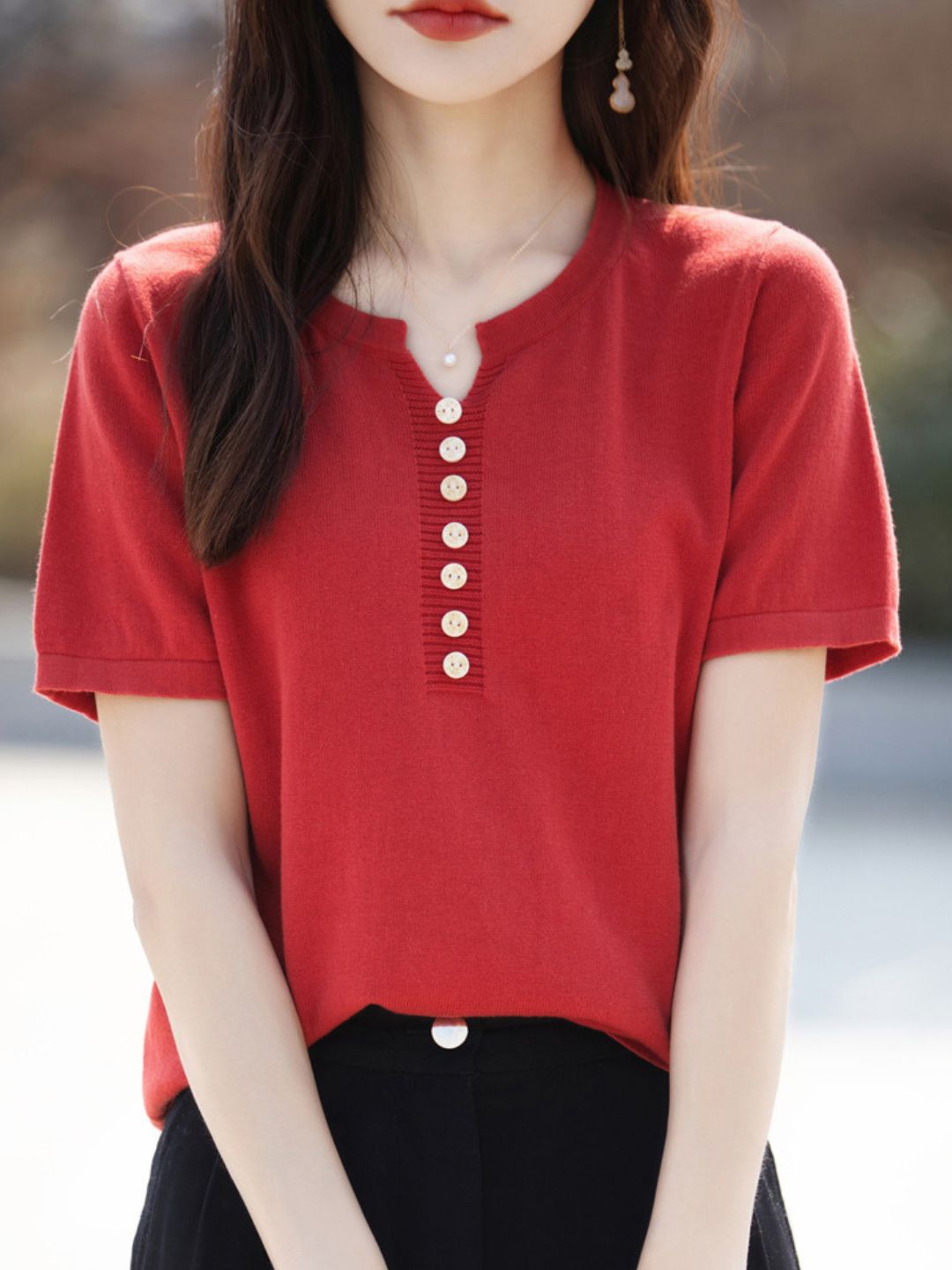 V-Neck Solid Color Loose Top