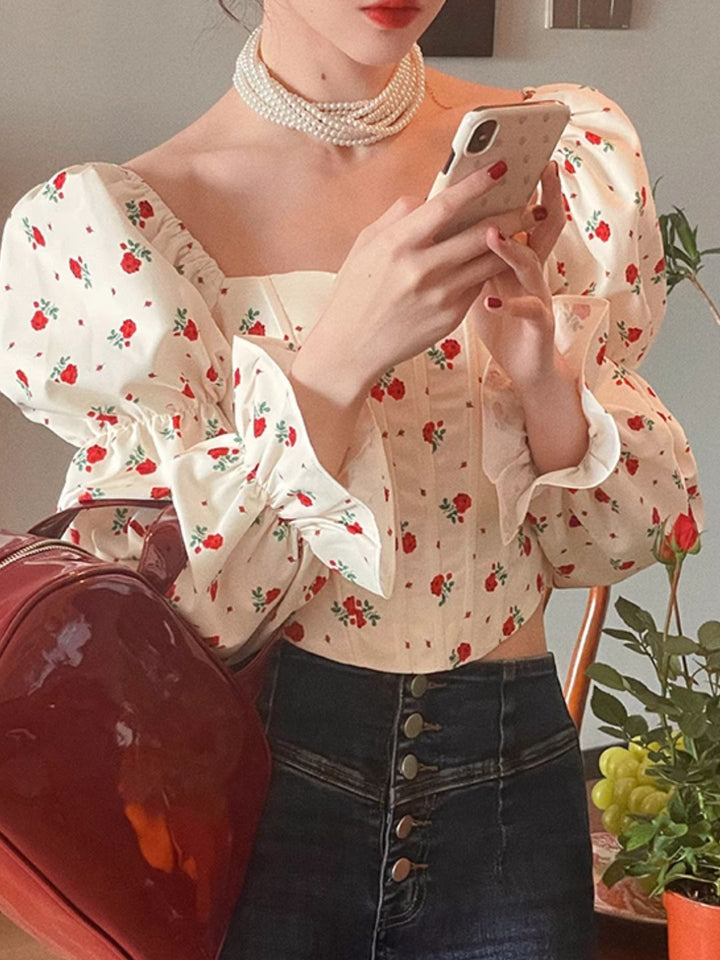 Square Collar Floral Short Shirt Puff Sleeve Top