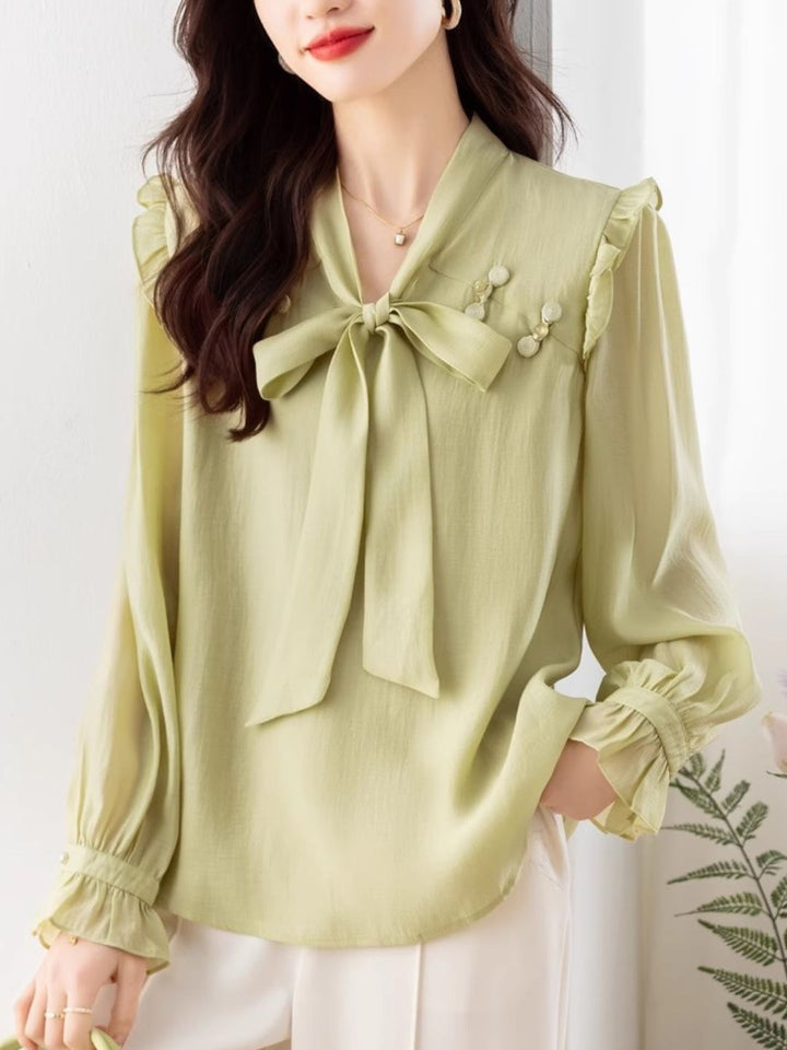 Chic Bow Chiffon Shirt - Green