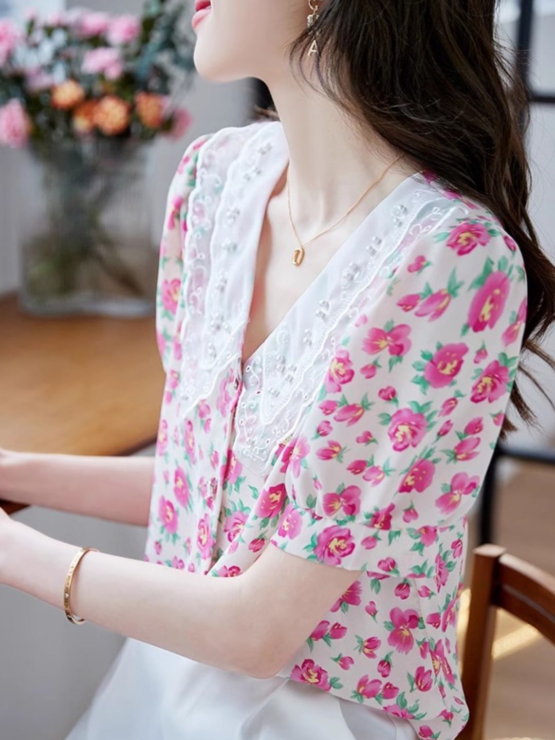 Classic Floral Printed Beaded Chiffon Shirt -Pink