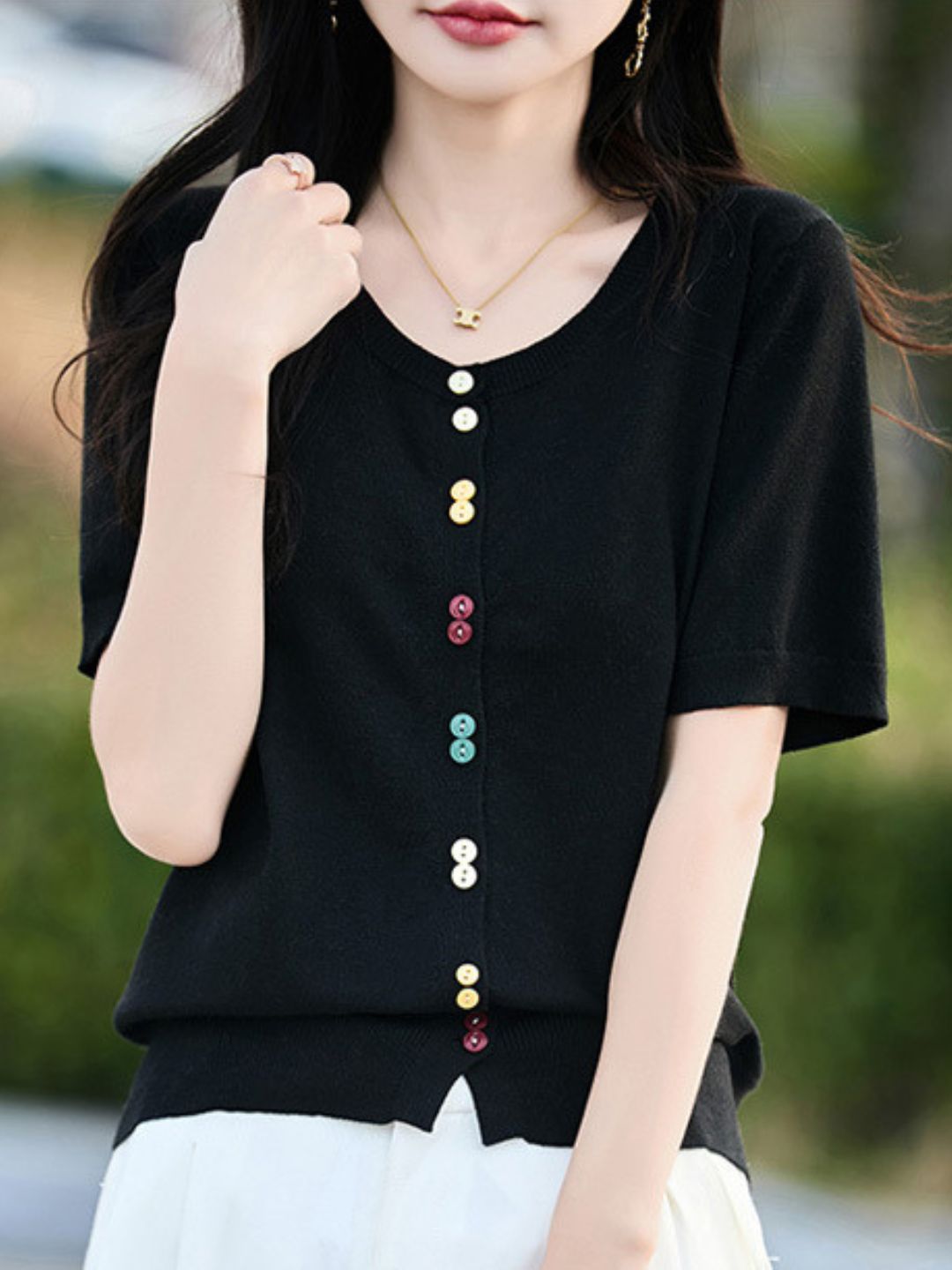 Colorful Button-Down Knitted Short-Sleeved Top