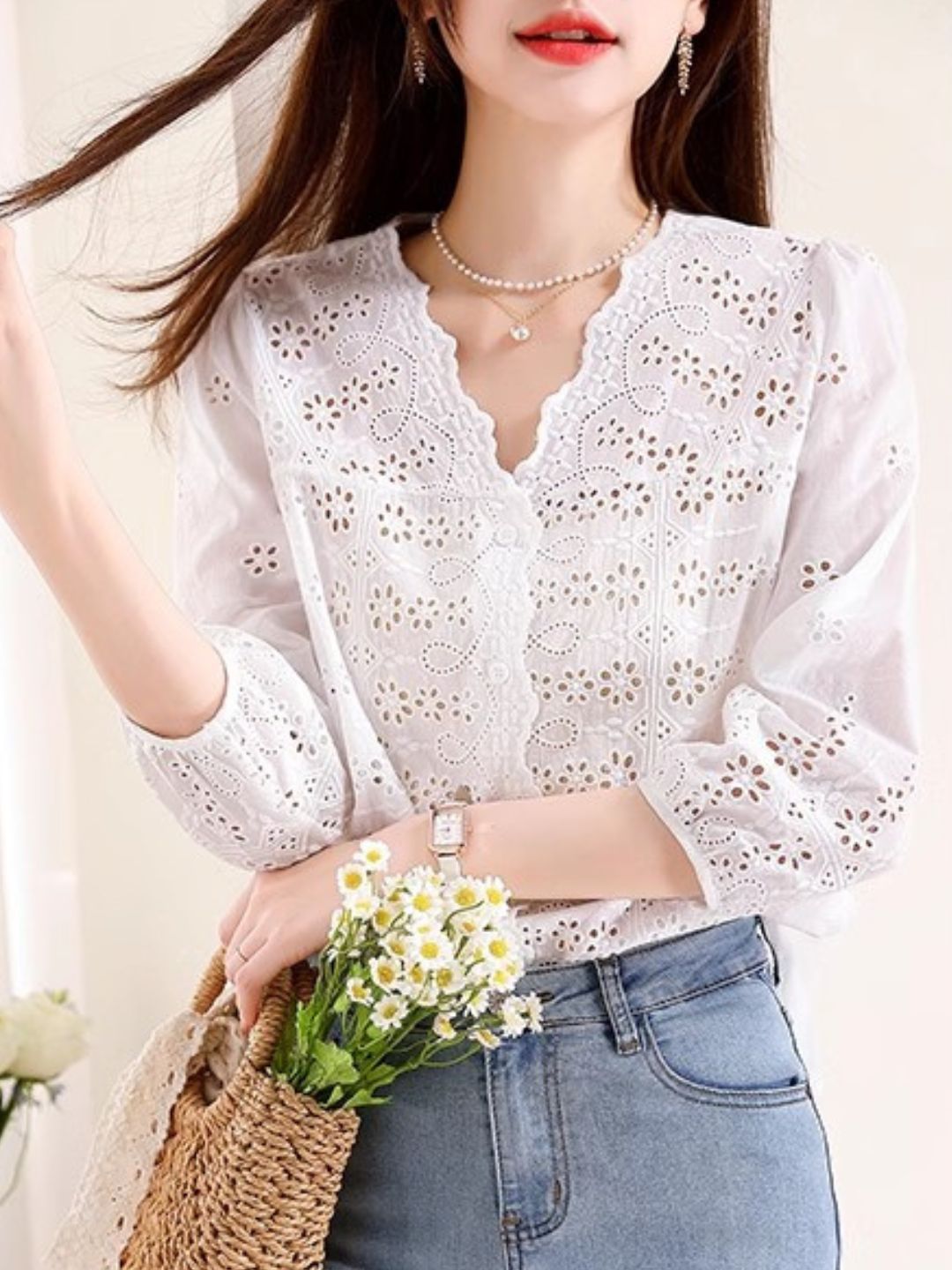 Exquisite Hollow Embroidery Loose Shirt