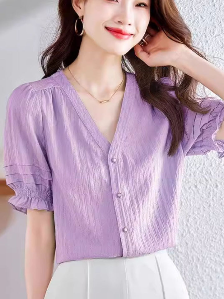 French V-neck Puff Sleeve Shirt - Purple