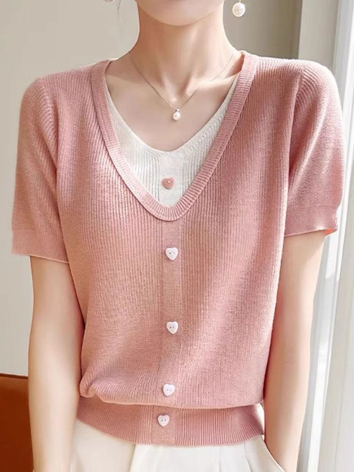 Casual V-neck Patchwork Knitted Top