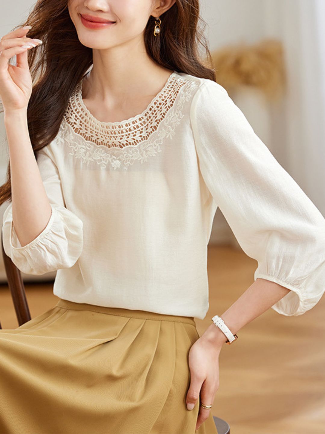 Retro Round Neck Solid Color Hollow Top