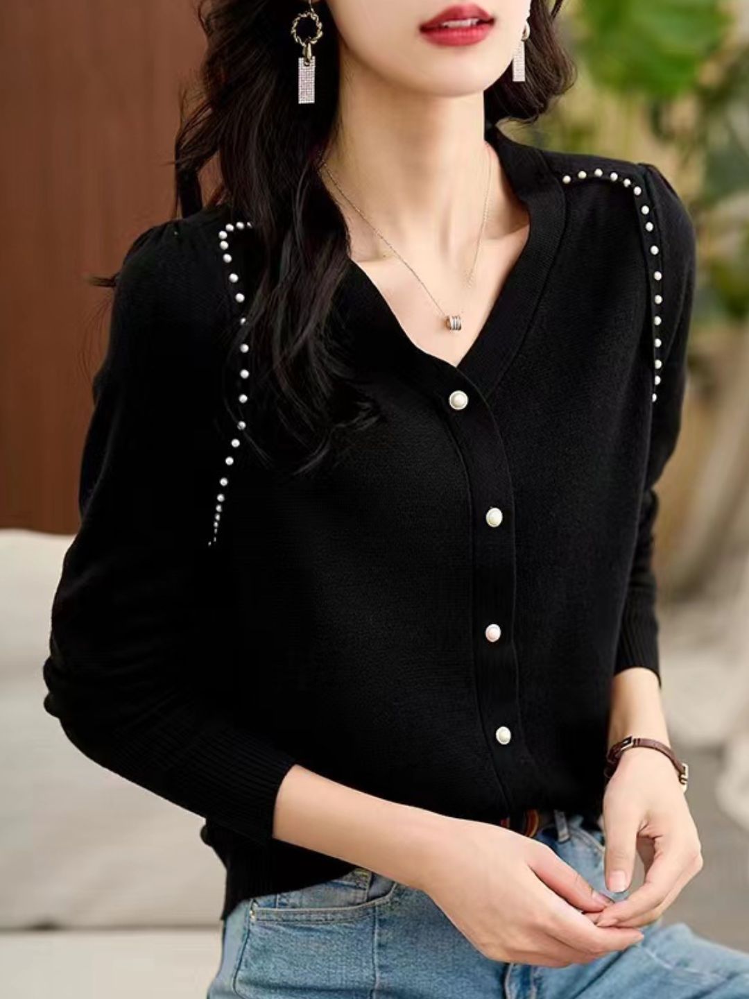 Loose V-Neck Button Knitted Top